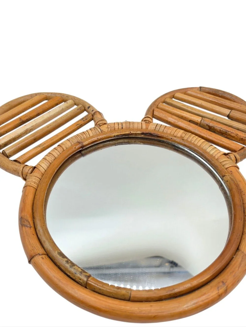 Round Brown Rattan Framed Wall Mirror Mouse Ear Design Wall Mounted
